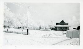 Canadian National Gardens and Train Station During Winter in Biggar, Saskatchewan