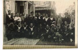 Group of men in front of the Continental Hotel Canada Bar, Pirius, Greece"
