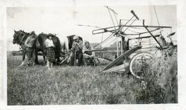 A Group of People With A Horse Drawn Combine