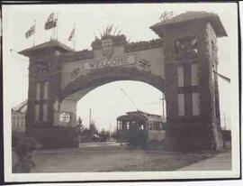 Welcome Arch with a street railway car