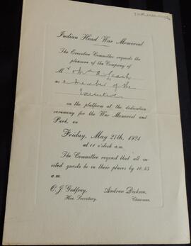 Invitation to the dedication of the Indian Head war memorial and park on May 27 1921