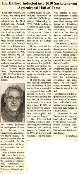 Jim Halford Inducted into 2010 Saskatchewan Agriculture Hall of Fame