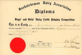 Saskatchewan Dairy Association Diploma for James Conn