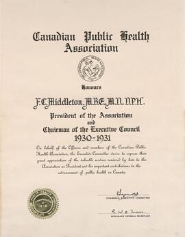 Dr. Frederick Middleton honorary certificate