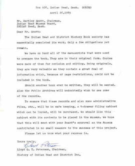 Letter from Lloyd Peterson (Indian Head History Book Committee) to Hartley Scott (Indian Head Mus...