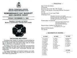 Program of 1983 Remembrance Day Banquet and Awards night of Indian Head Legion Branch 114