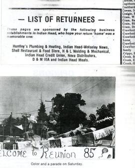 1985 Indian Head homecoming/reunion photographs and articles