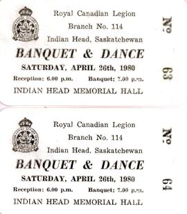 Tickets to 1980 Banquet & Dance of Indian Head Legion Branch 114