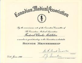 Canadian Medical Association certificate to Dr. Fredrick Middleton