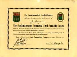 Certificate of Appreciation to J. Dorwart - Civil Security Corps