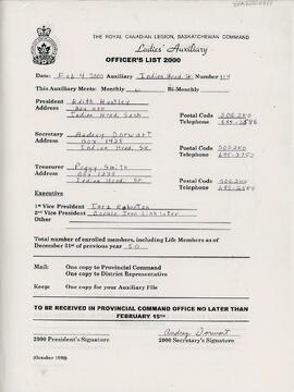 Royal Canadian Legion Ladies Auxiliary Officer's Lists 1991 - 2000