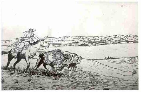 Sketch of Indian hunting buffalo at Buffalo Lake - MemorySask