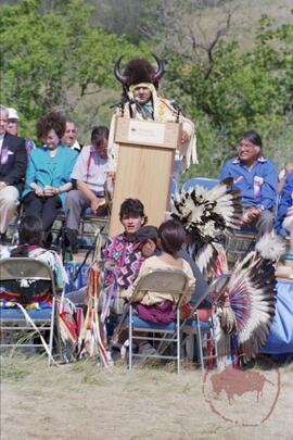 Chief Barry Ahenakew at podium of official opening ceremony