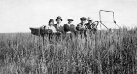 People in a car in a wheat field