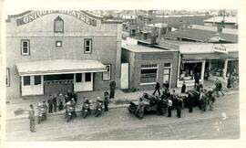 Army motorcycles and vehicles on Main Street, Rosetown