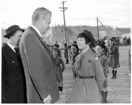John Diefenbaker reviewing Girl Guides and Boy Scouts in Whitehorse, Yukon