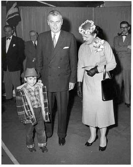 John and Olive Diefenbaker with small boy at an election meeting