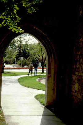 View of students leaving through Memorial Gate