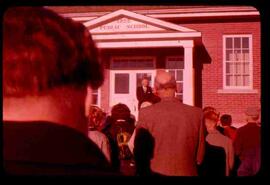 John Diefenbaker on front steps of public school