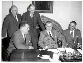 John Diefenbaker with Frank Hall, Stanley Knowles, Claude Jodoin and Minister of Labour Mike Star...