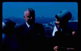 John Diefenbaker talking with guide; Expo '67