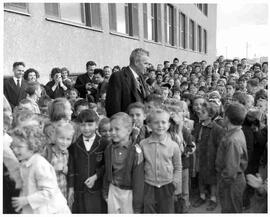 John Diefenbaker with school children in Whitehorse, Yukon
