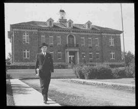 John Diefenbaker in front of Prince Albert courthouse; copy of photo JGD253