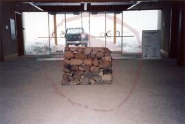 Rear view of block made of stones in lobby near entrance