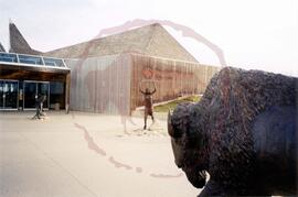 View of bull, woman and bison calf runner sculptures outside the visitor centre